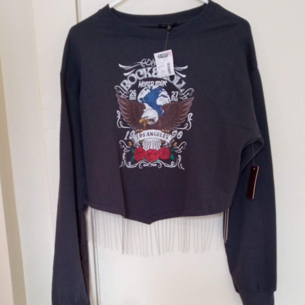 Brand New Rock & Roll Eagle Graphic Fringe Sweatshirt
